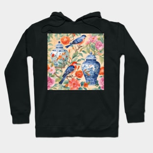 Chinoiserie jars, birds and flowers watercolor painting Hoodie